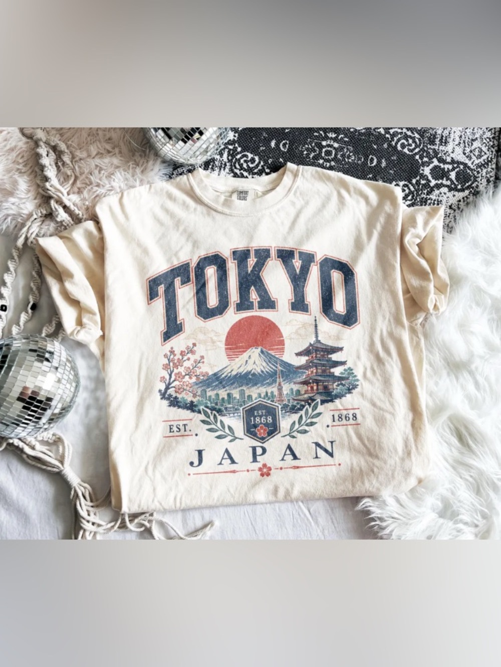 Retro Travel Tokyo Japan Varsity, Cherry Blossom Tee, Garments Dyed T-Shirt